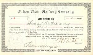 Fulton Chain Railway Co. signed by Wm. Seward Webb - Railroad Stock Certificate - Autograph